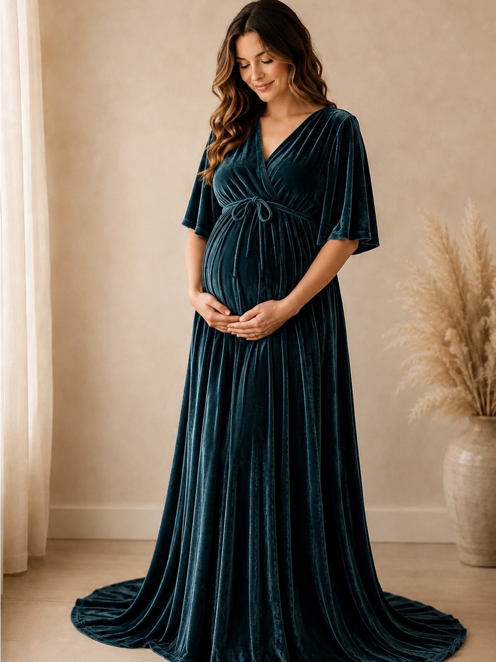 Baltic Born Teal Velvet Plunging Open Front Maxi Gown Dress Medium - Picture 4 of 9